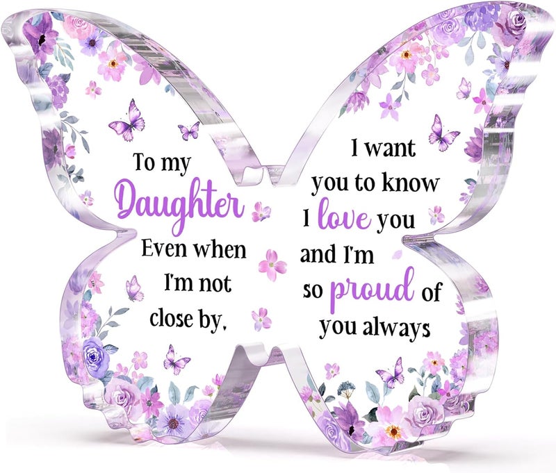 Glydein Valentines Day Gift for Daughter from Mom Dad, Unique Purple Butterfly Acrylic Plaque Desk Decor, Christmas Birthday Gifts for Daughter Adult Graduation, 5 x 3.8 x 0.5 inches - Image 1